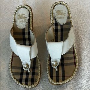 Burberry Plaid Nova Check White Leather Espadrille Thong Wedge Sandals